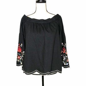 UMGEE BLACK OFF SHOULDER FLORAL EMBROIDERED TOP